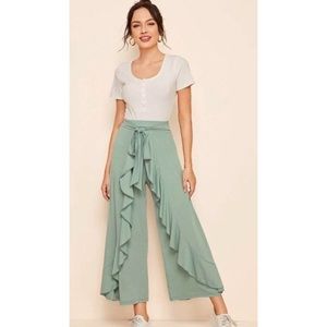 Tie Front Ruffle Trim Wide Leg Pants